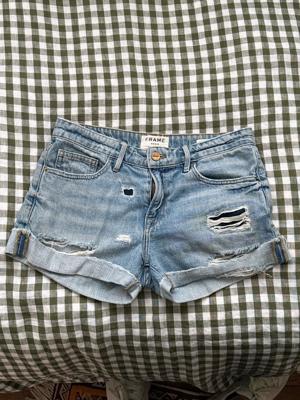 Frame Denim Light Blue Distressed Rolled-Hem Jean Shorts